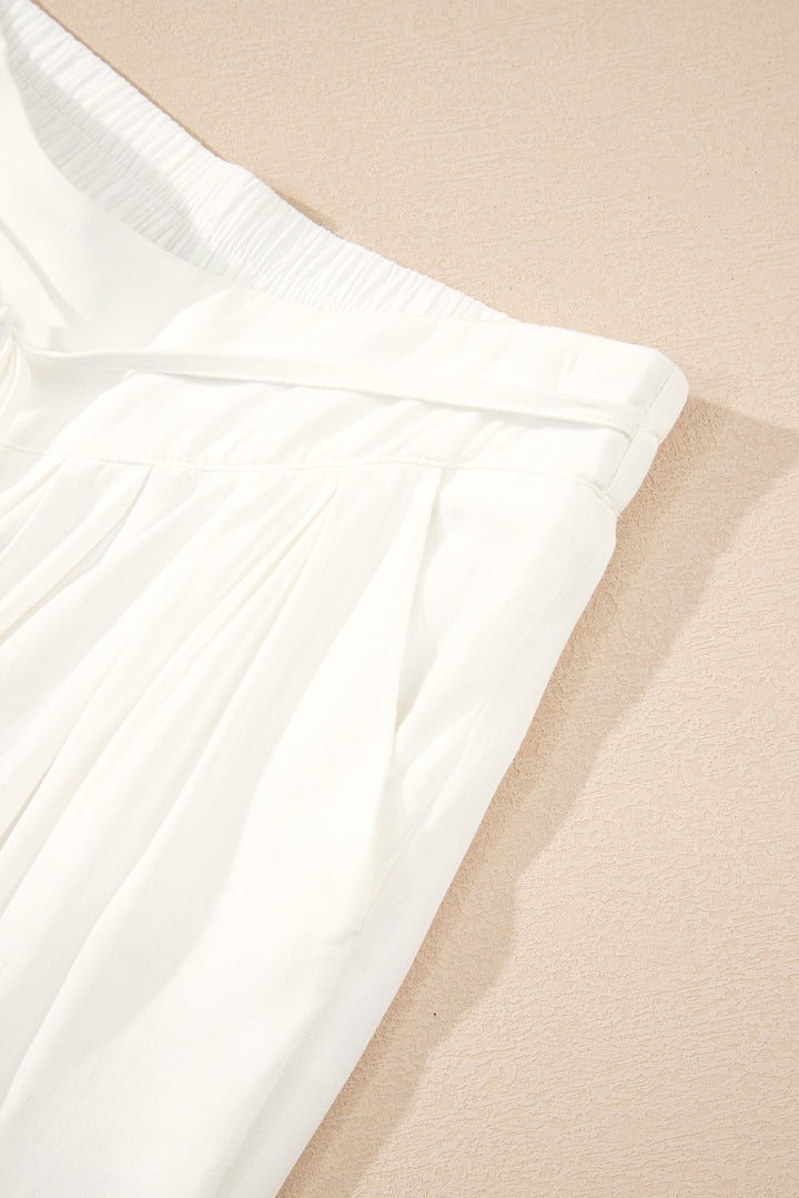 White Solid Drop Waist Pleated Wide Leg Casual Pants