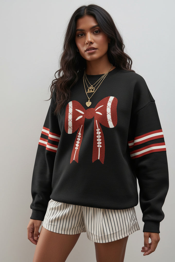 Black Varsity Baseball Bow Graphic Striped Sleeve Baggy Sweatshirt