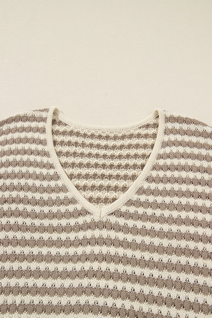 Khaki Stripe Plus Size V Neck Drop Shoulder Sweater