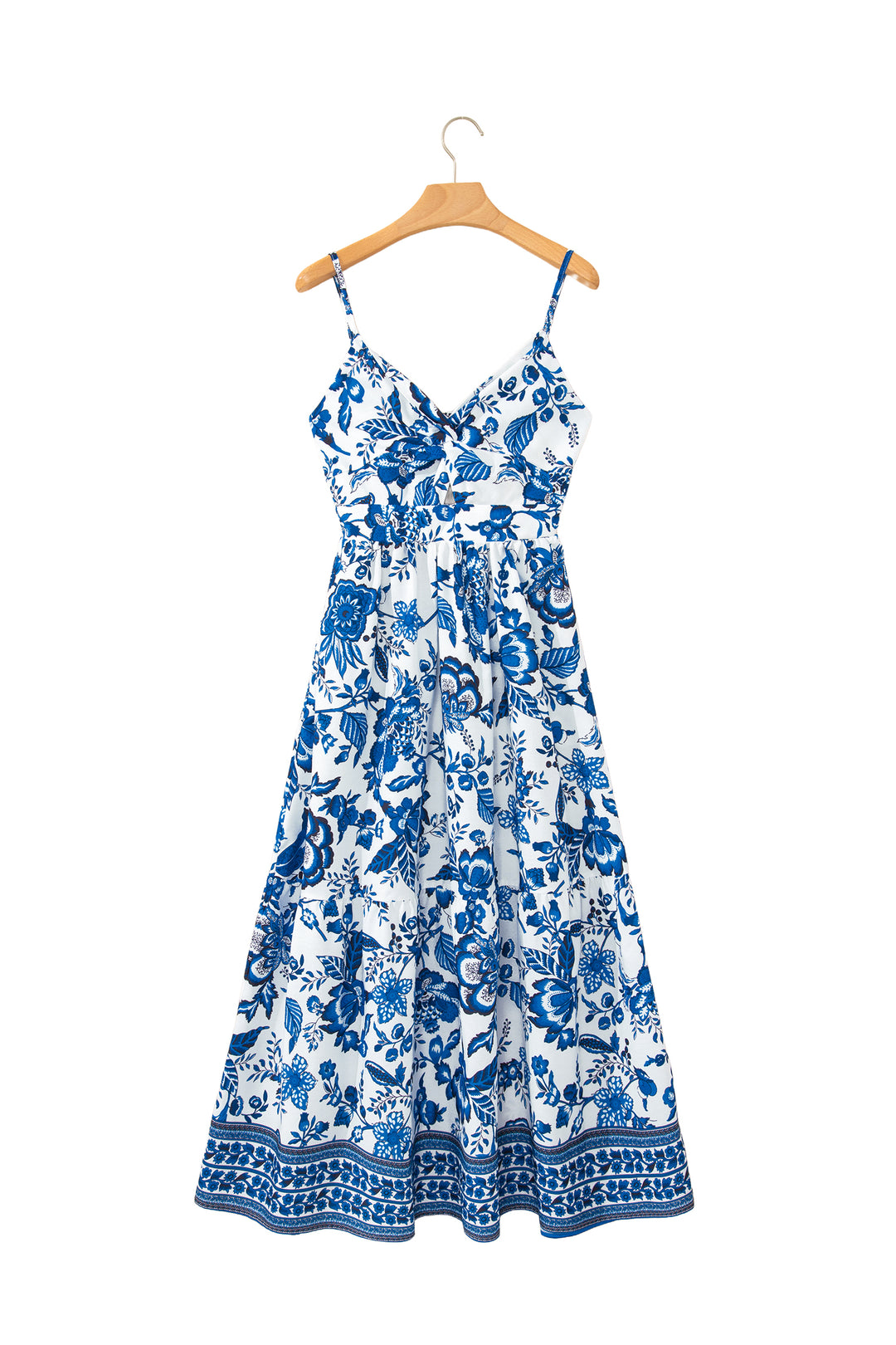 Sky Blue Twisted Bust Spaghetti Straps Backless Floral Maxi Dress