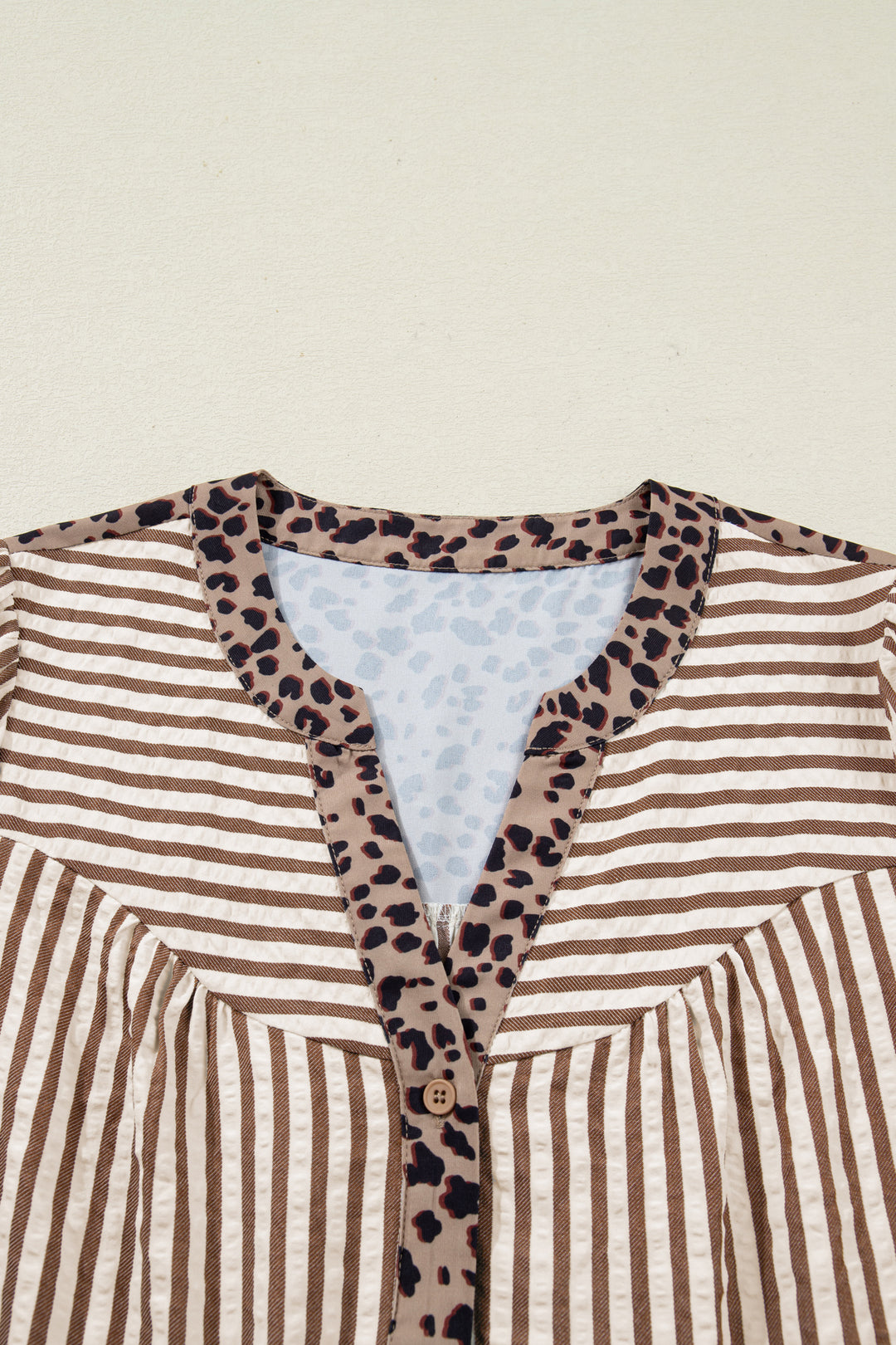 Brown Stripe Leopard Trim V Neck Button Down Half Sleeve Shirt