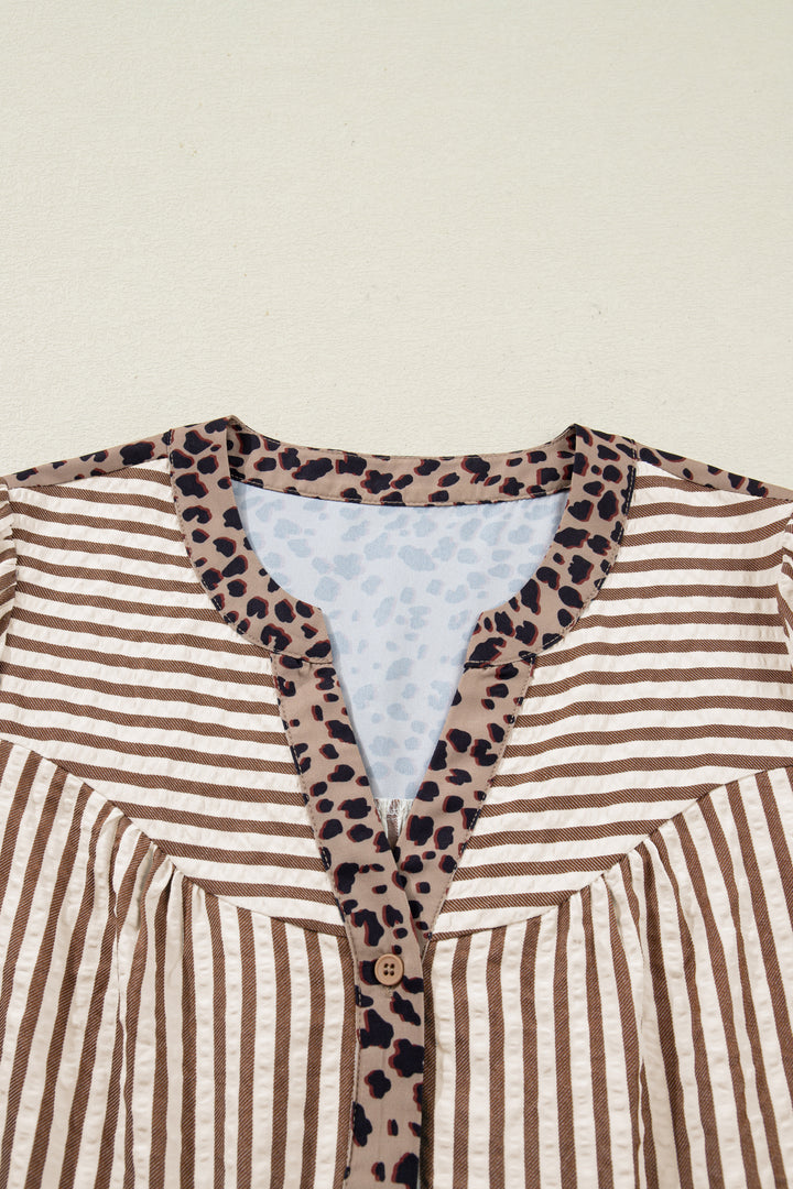 Brown Stripe Leopard Trim V Neck Button Down Half Sleeve Shirt