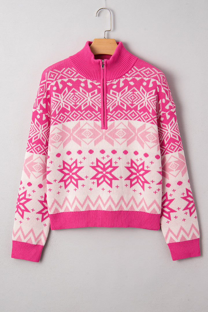 Rose Red Christmas Snowflake Quarter Zip Collard Sweater