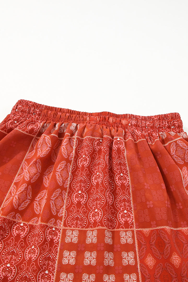 Fiery Red Bohemian Mix Print Long Flared Skirt | Women