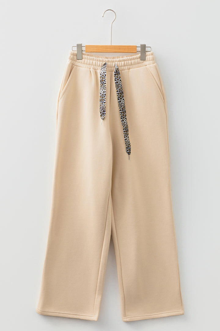 Oatmeal Fleece Lined Leopard Drawstring Elastic Waist Solid Pants