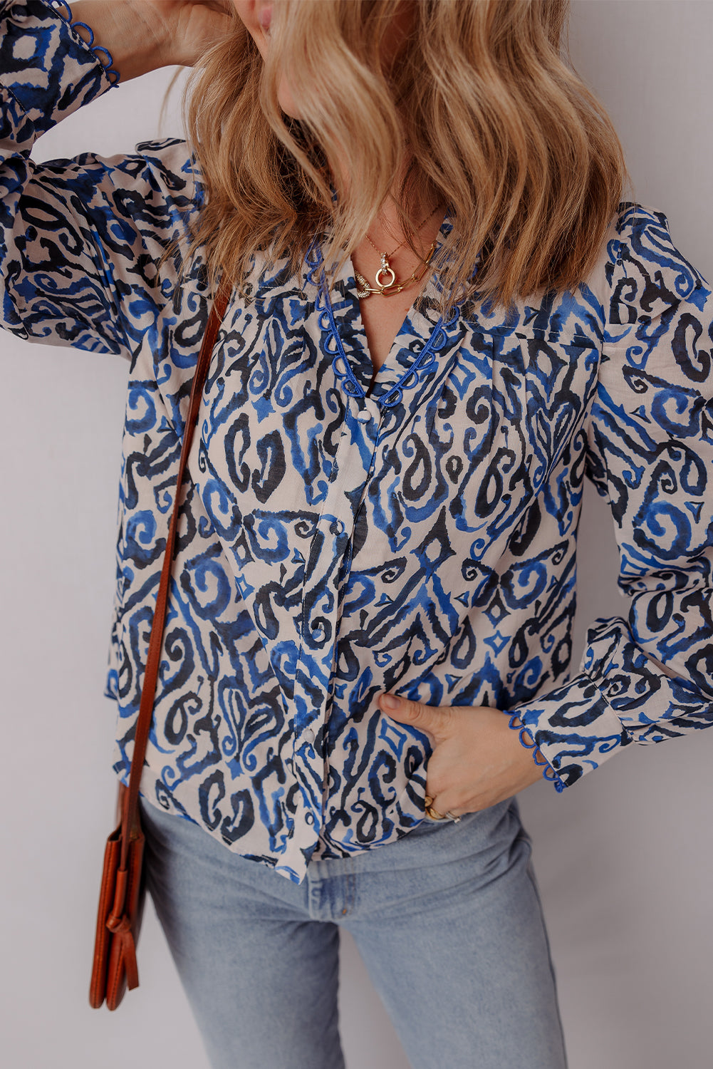 Blue Bohemian Print Embroidered V Neckline Detail Long Sleeve Shirt