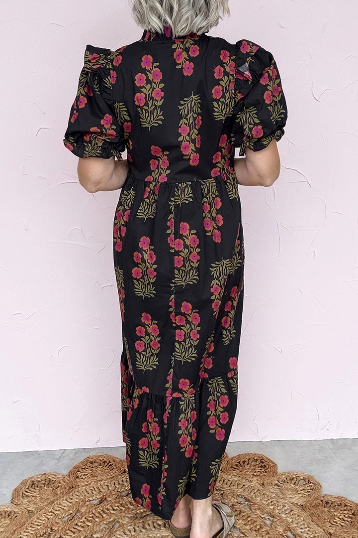 Beige Floral Short Bubble Sleeve Tiered Maxi Dress