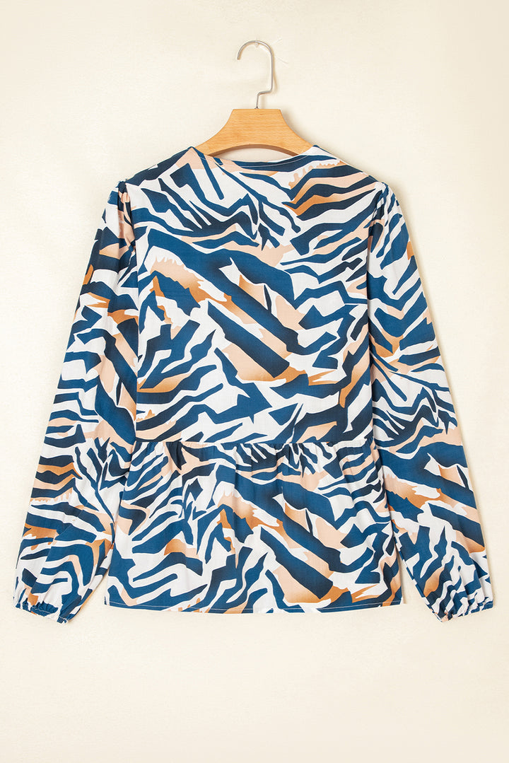 Blue Zebra Print Tied Front Puff Sleeve Top