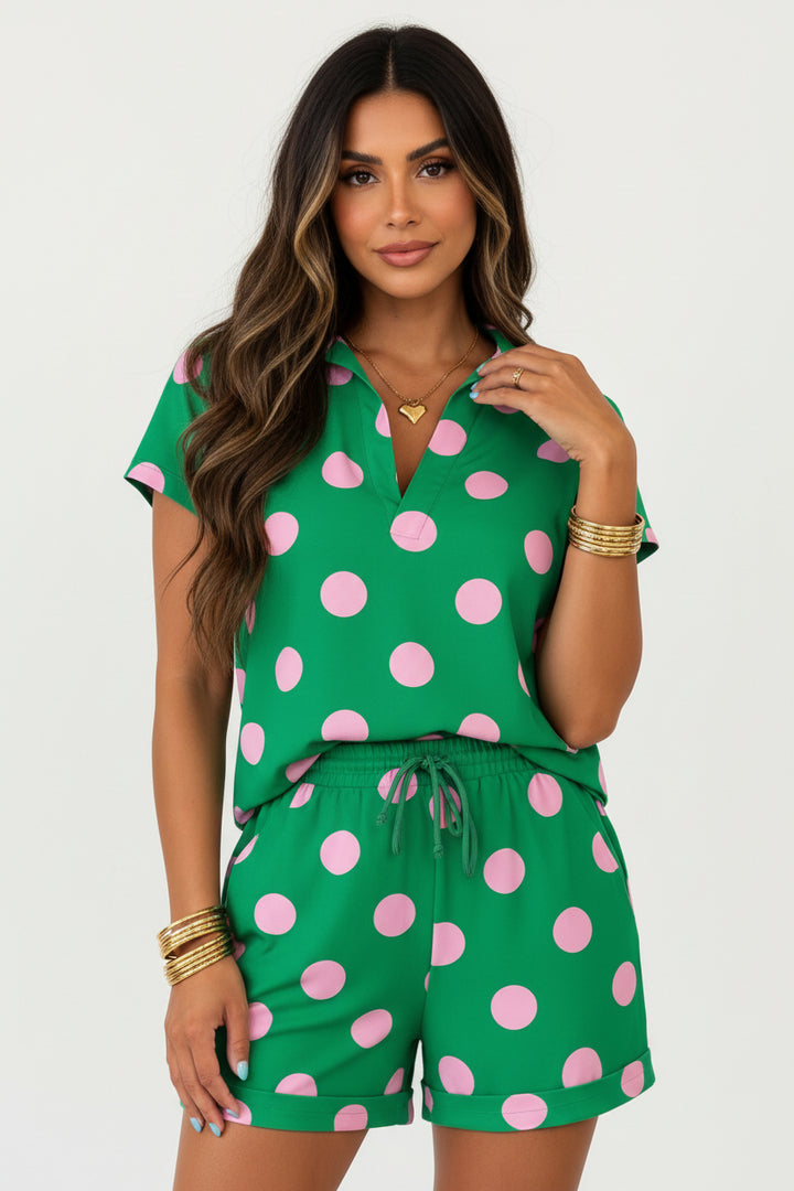 Pink Polka Dot Print V Neck Tee Short Set