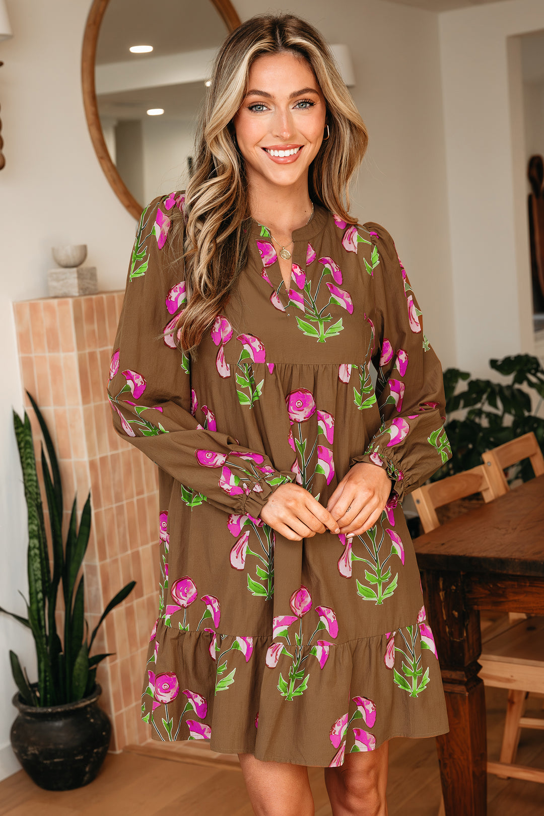 Brown Contrast Floral Print Babydoll Tunic Ruffled Hem Puff Sleeve Dress