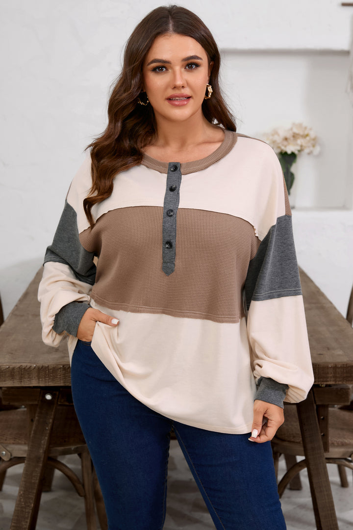 Jet Stream Waffle Patchwork Colorblock Half Buttons Casual Plus Size Knit Jumper