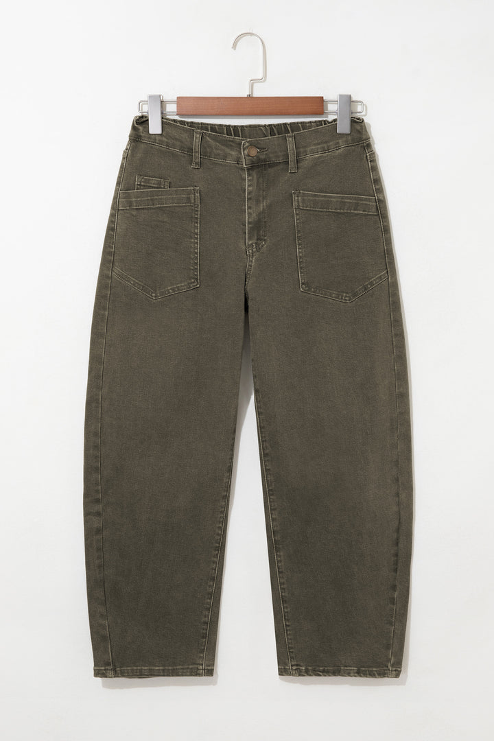 Beau Blue Solid Color Square Patch Pocket Ankle-length Barrel Jeans
