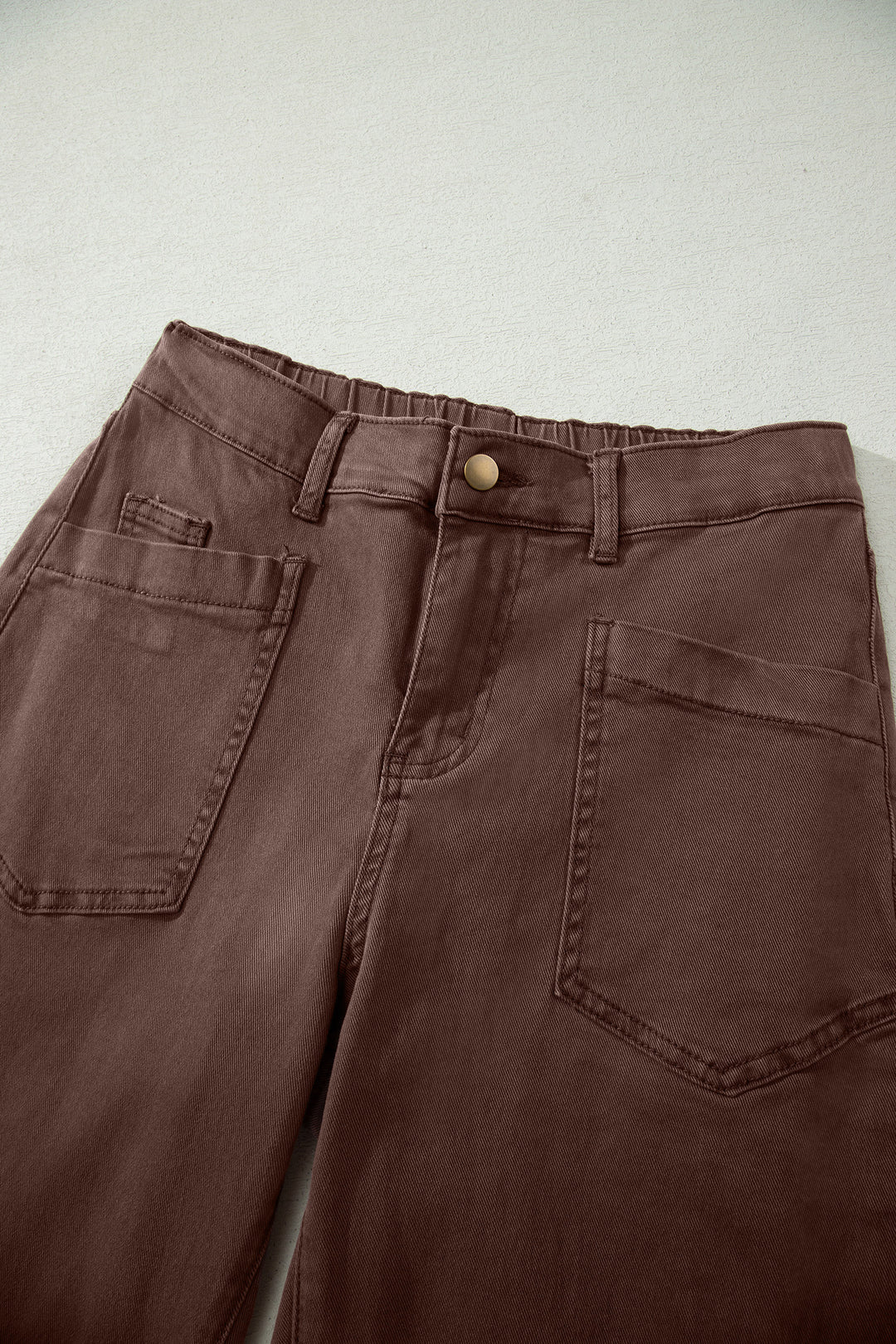 Coffee Solid Color Square Patch Pocket Ankle-length Barrel Jeans