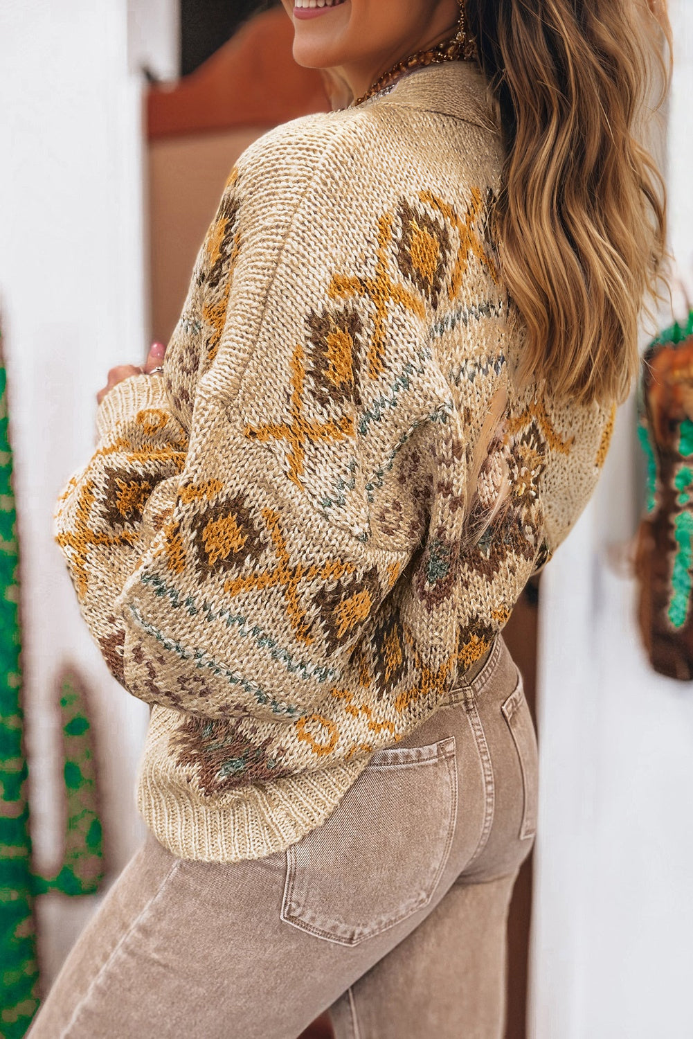 Khaki Western Pattern Knitted Button V Neck Cardigan Sweater