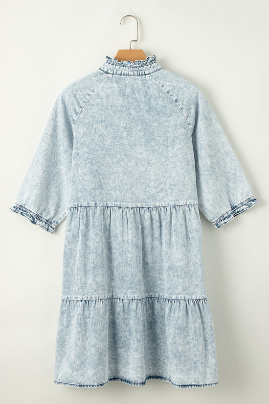 Dusk Blue Acid Wash Retro Half Sleeve Flared Denim Dress