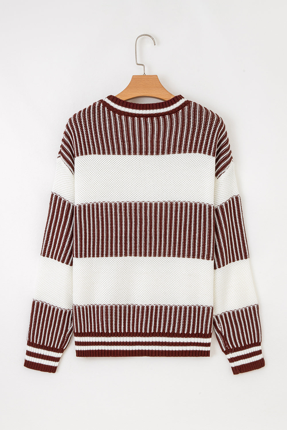 Brown Two Tone Striped Patchwork Drop Shoulder Loose Sweater