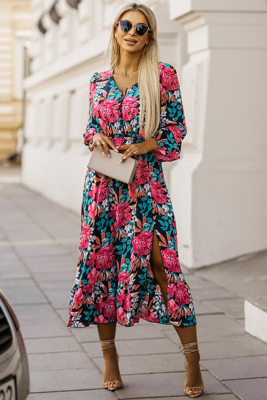 Fiery Red V Neck Elastic High Waist Split Floral Dress | Women