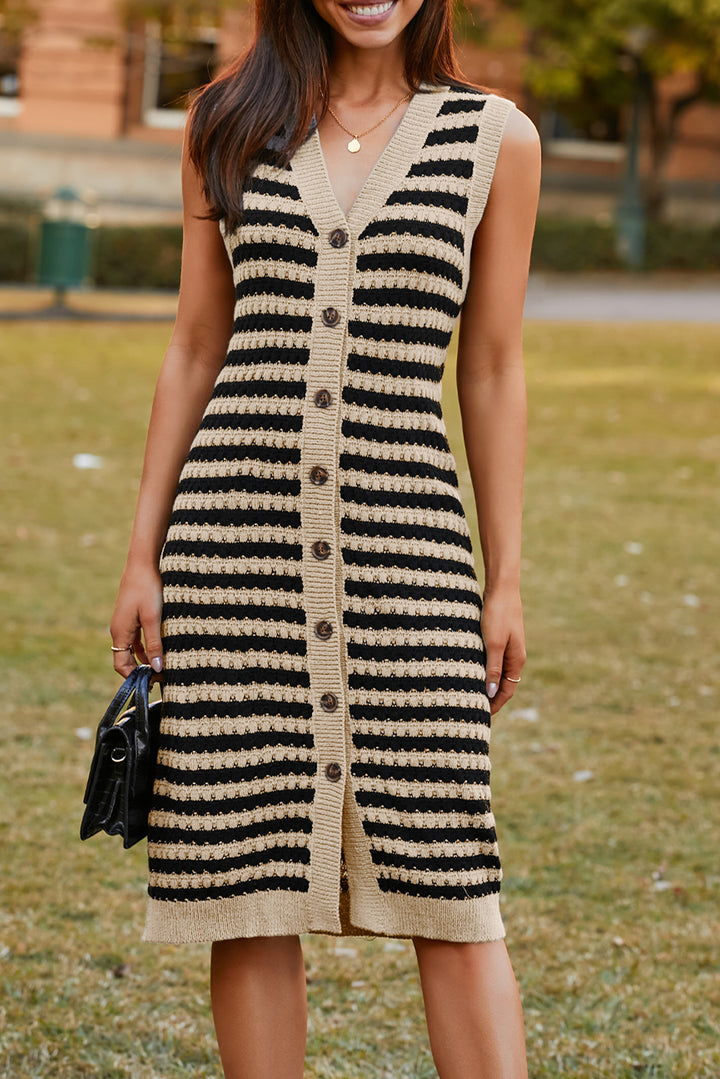 Parchment Buttoned Front Pencil Midi Sleeveless Sweater Dress