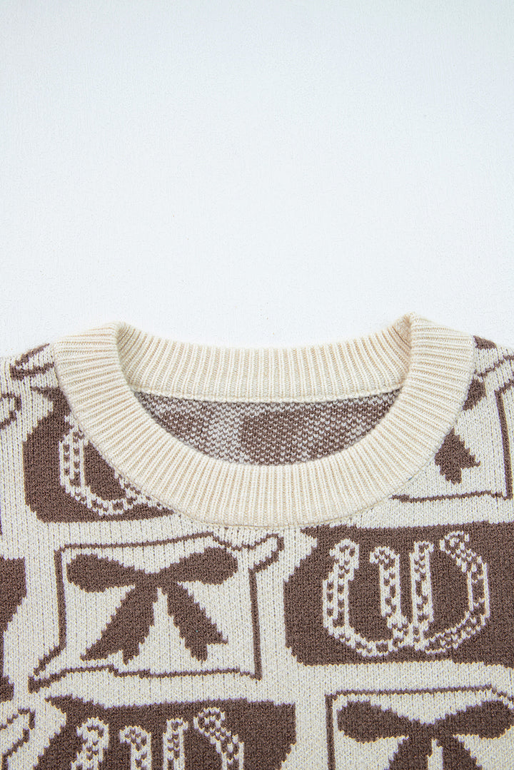 Brown Bows &amp; Horseshoes Pattern Western Fashion Print Sweater