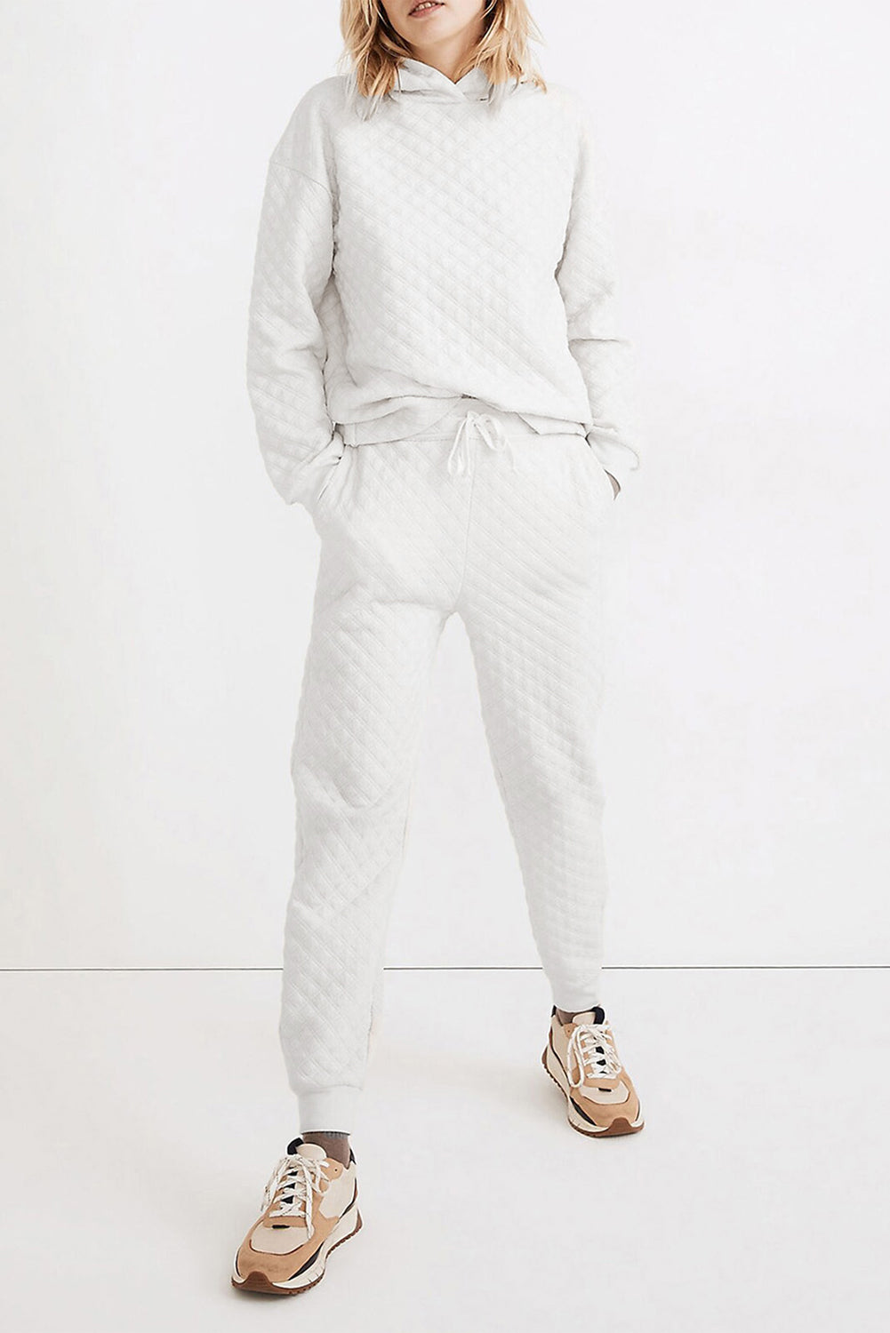 White Quilted Hoodie and Sweatpants Two Piece Set