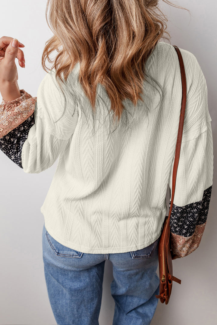 White Floral Patchwork Textured Knit Drawstring V Neck Blouse