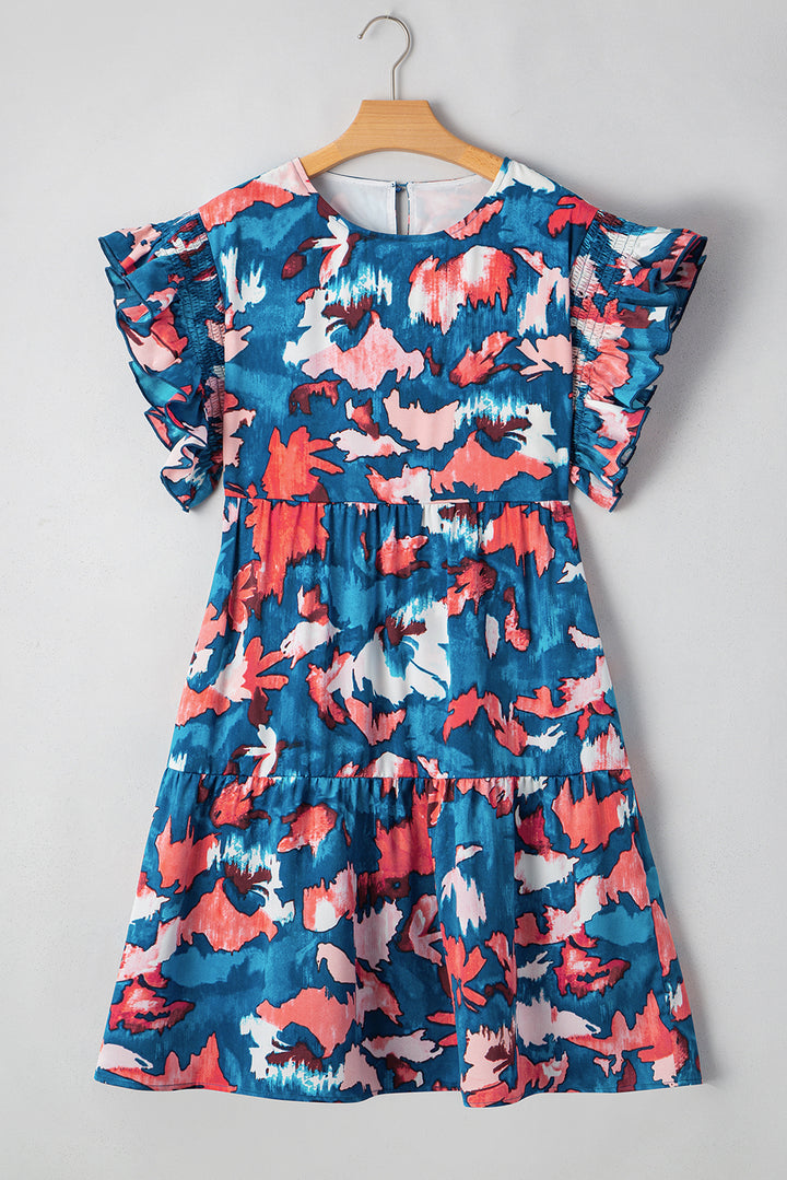 Blue Abstract Print Shirred Ruffled Short Sleeve Tiered Plus Size Mini Dress