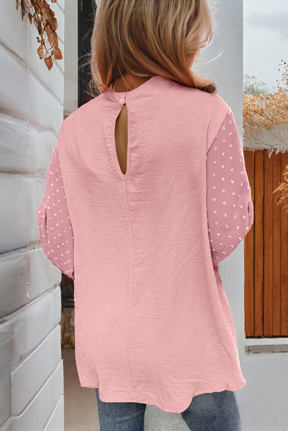 Pink Swiss Dot Balloon Sleeve Loose Blouse