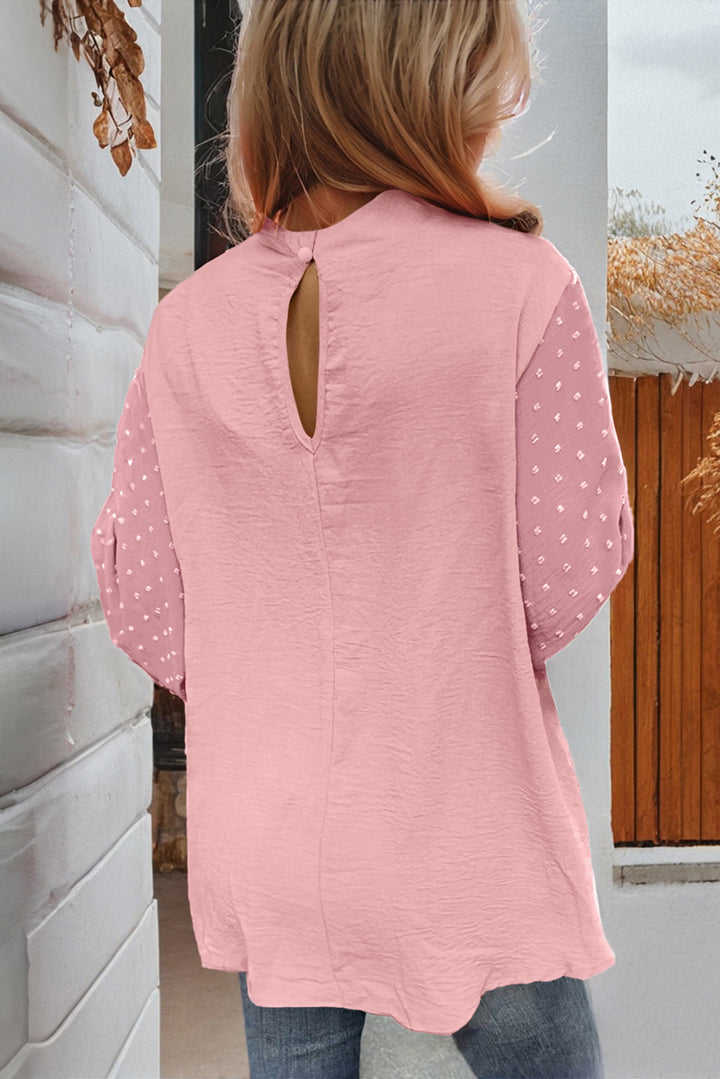 Pink Swiss Dot Balloon Sleeve Loose Blouse