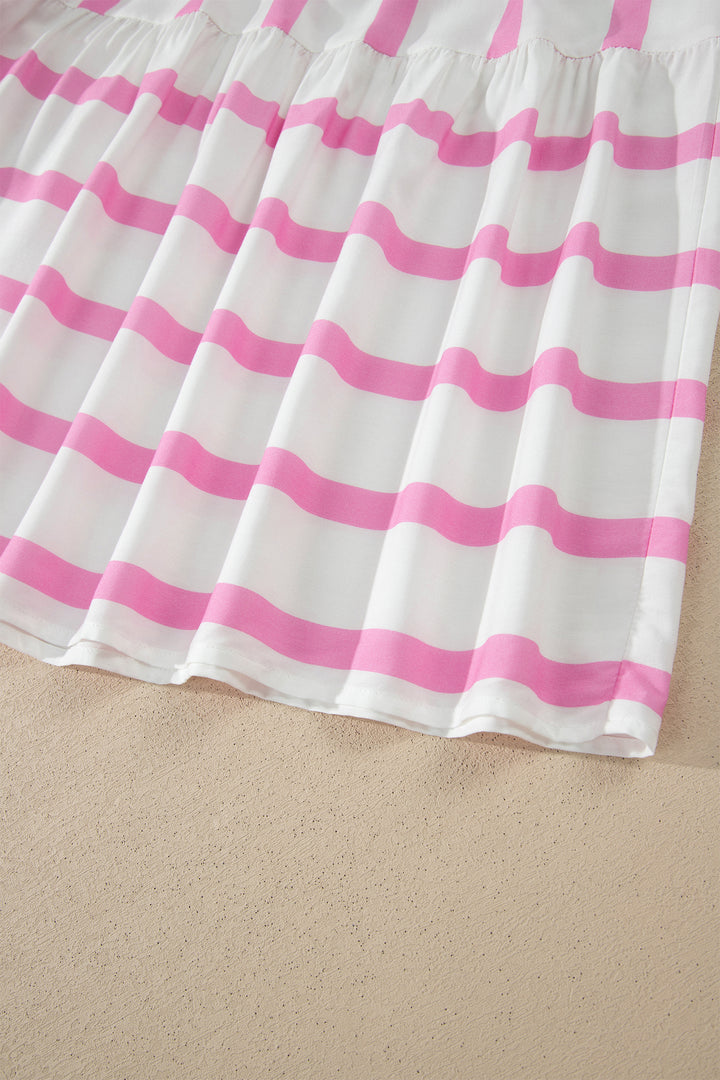 Pink Stripe Ricrac Trim Notched Neck Half Sleeve Vacation Dress