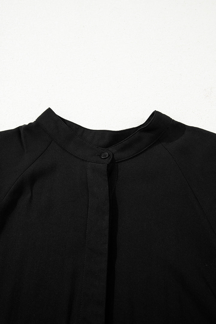 Black Hidden Buttons Short Sleeve Ruffle Tiered Long Flared Dress