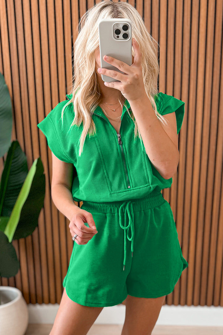Bright Green Textured Short Sleeve Half Zip Drawstring Elastic Waistband Romper