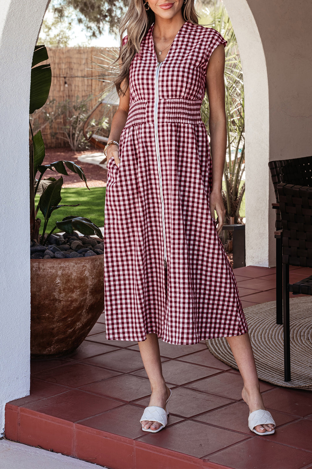 Red Plaid Print Full Zipper Cinched Waist Fit Flare Sleeveless Maxi Dr Errabelly Red Plaid Print Full Zipper Cinched Waist Fit Flare Sleeveless Maxi Dr Errabelly