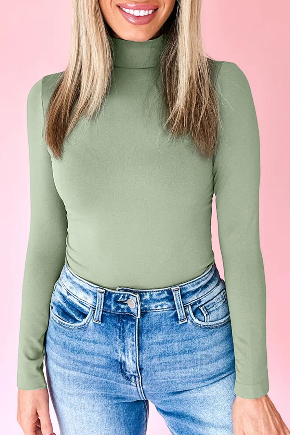 Coffee Slim Fit High Neck Long Sleeve Basic Top
