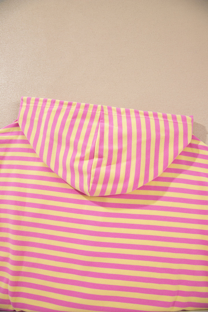 Rose Red Striped Long Sleeve Zip-Up Hoodie Drawstring Elastic Waist 2pcs Short Set