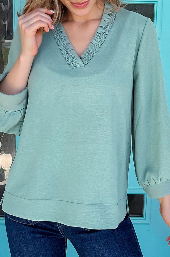 Sky Blue Frilled V Neckline Bracelet Sleeve Crinkled Blouse
