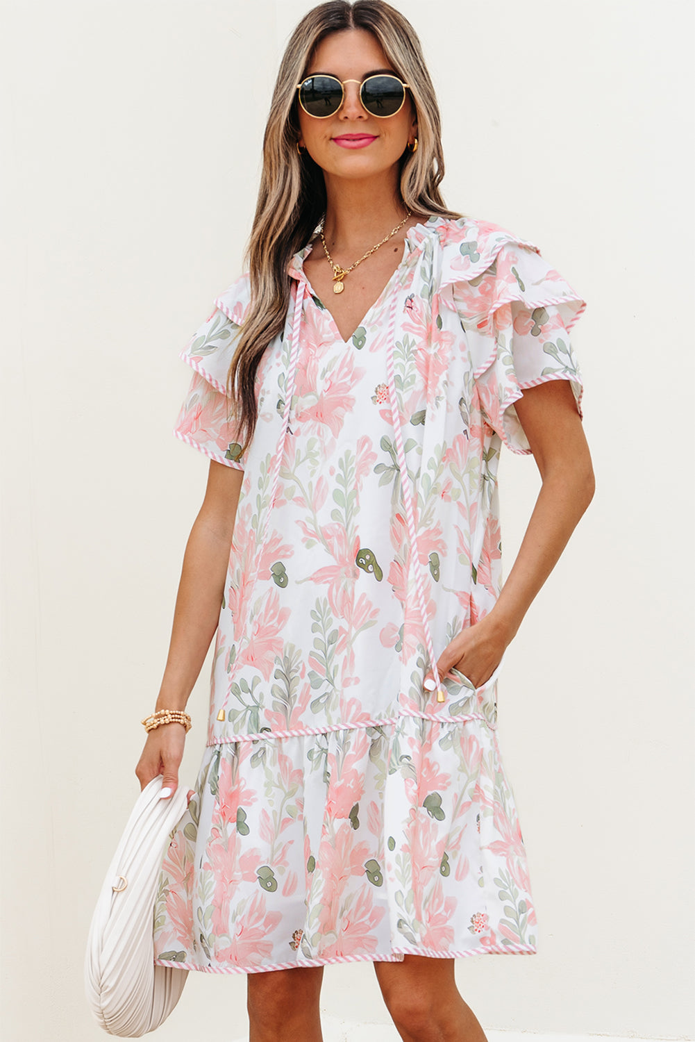 Orange Floral Contrast Edge Layered Short Sleeve Mini Dress