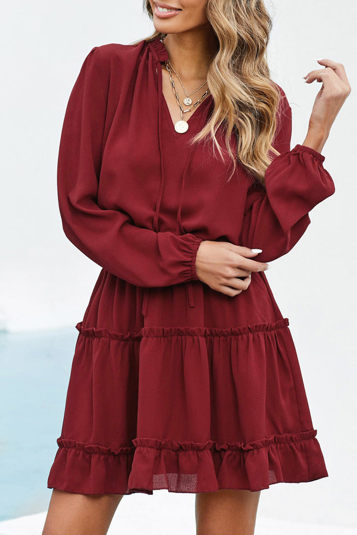 V Neck Long Sleeve Ruffle Tiered Mini Dress | Women