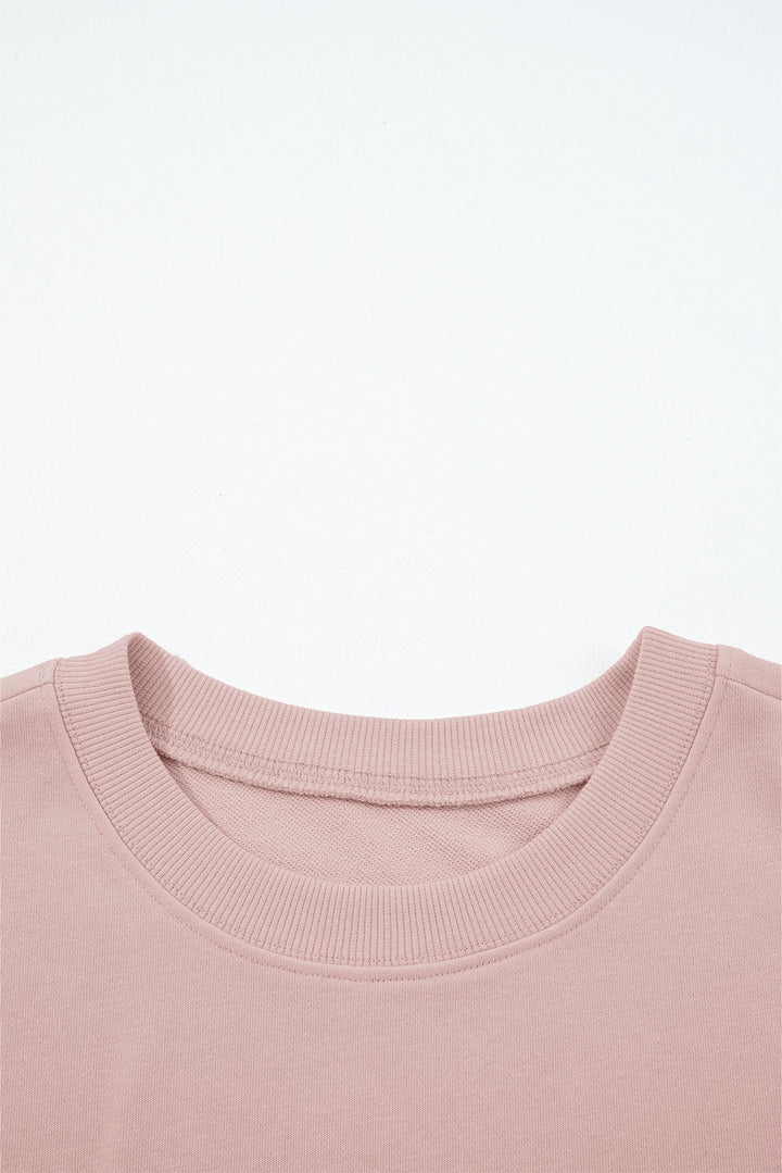 Light Pink Drop Shoulder Puff Sleeve Crop Pullover Drawstring Wide Leg Pants Set