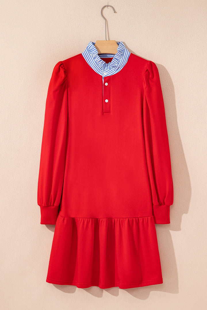 Fiery Red Contrast Striped Collar Patchwork Puff Sleeve Ruffle Hem Mini Dress