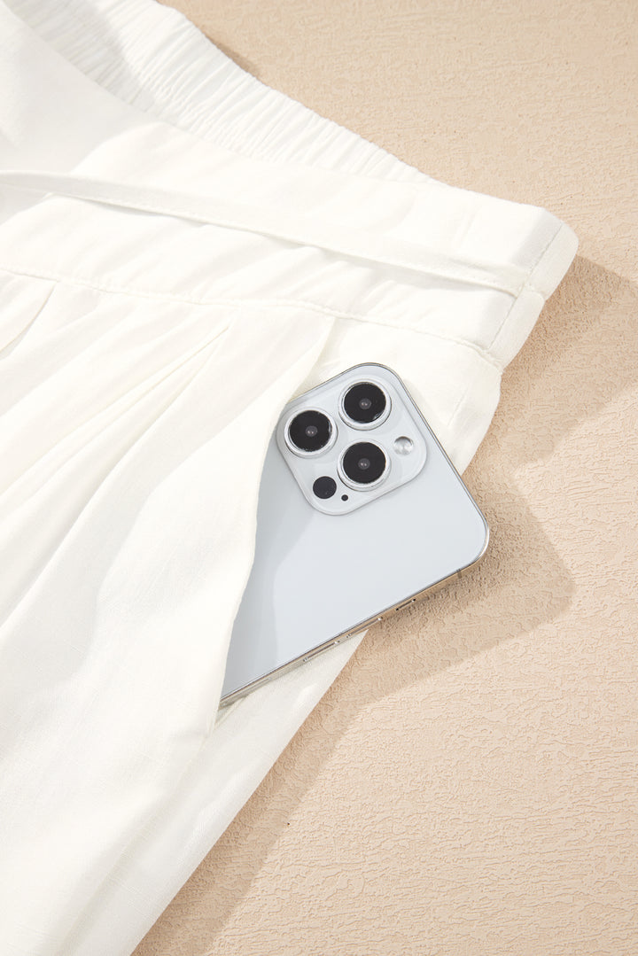 White Solid Drop Waist Pleated Wide Leg Casual Pants