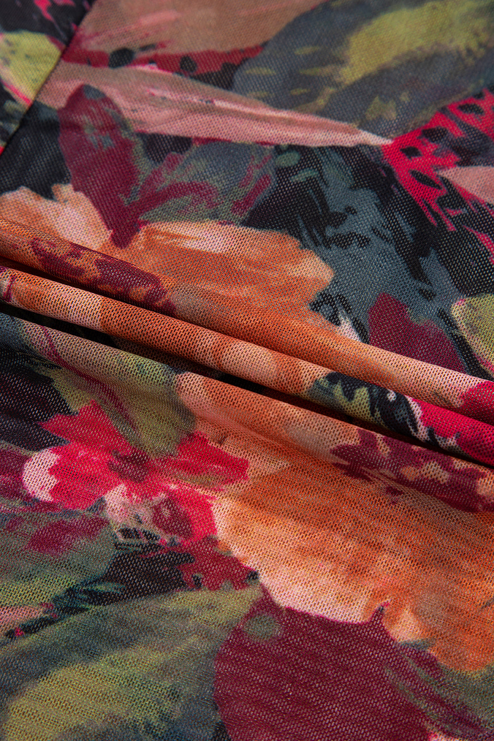 Multicolour Floral Print Lettuce Trim Long Sleeve Mesh Top