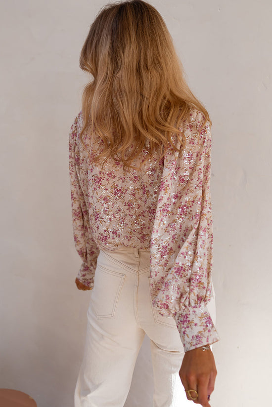 Pink Floral Print Bishop Sleeve Collared V Neck Shirt