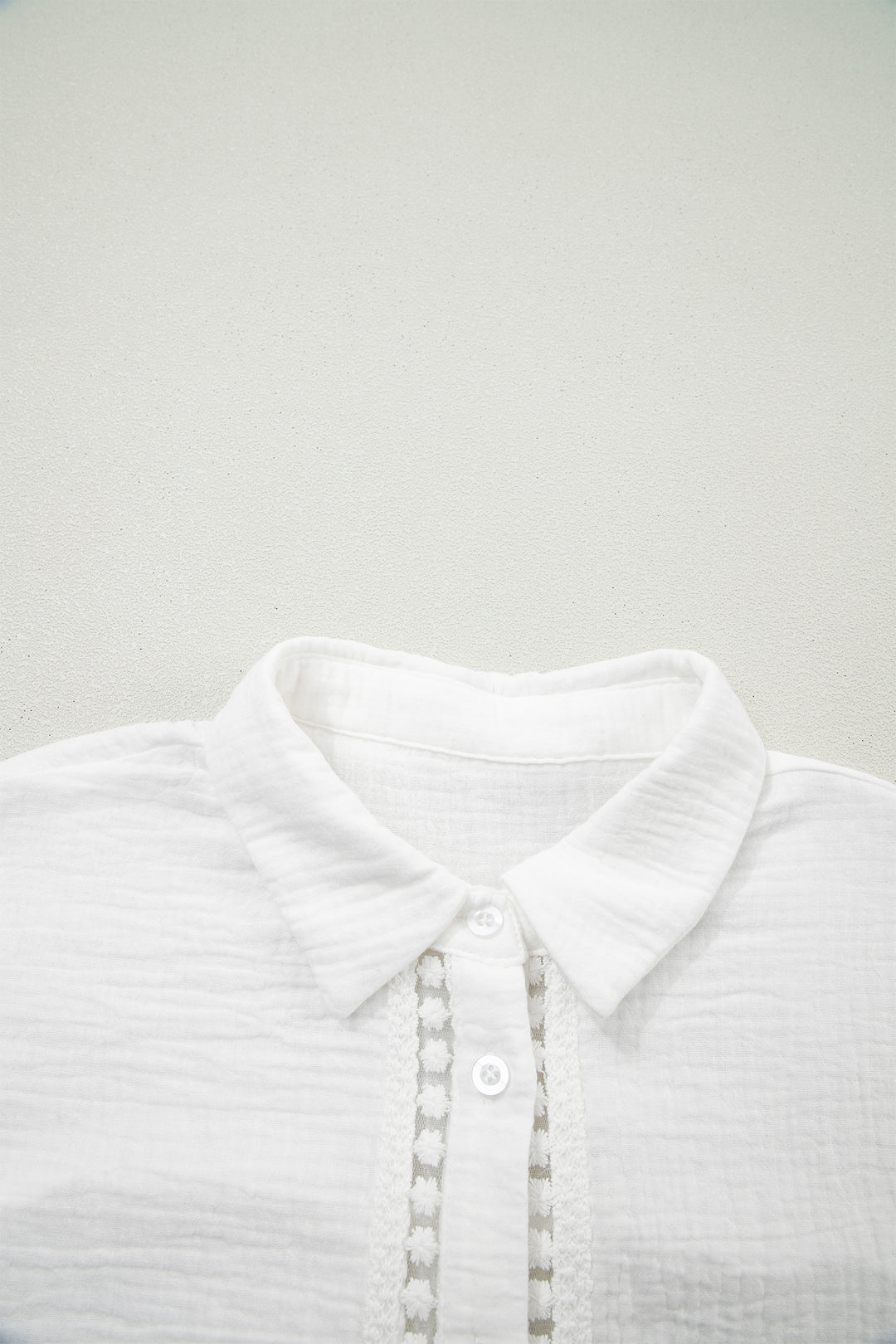 White Cotton Lace Trim Cuffed Short Sleeve Textured Shirt