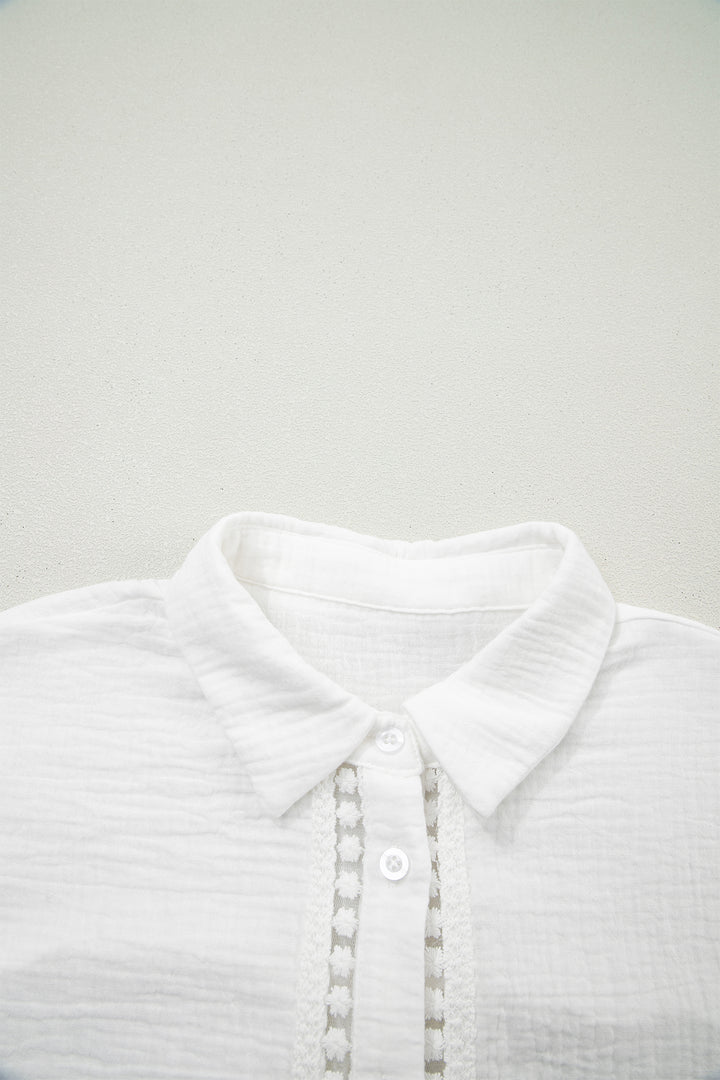 White Lace Trim Cuffed Short Sleeve Textured Shirt