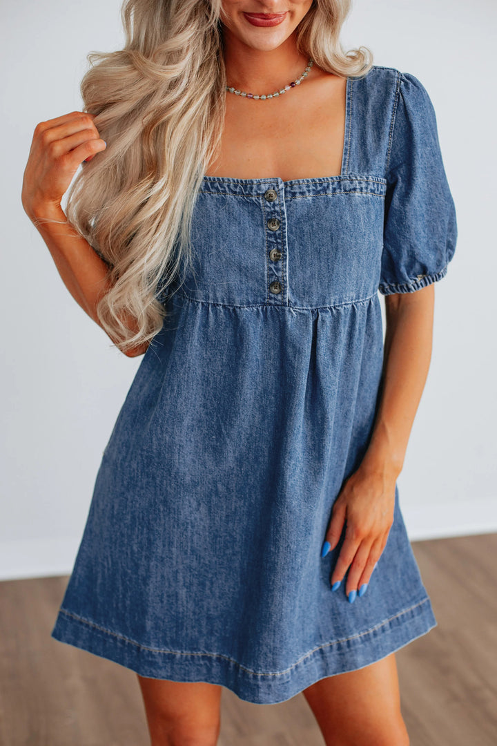 Prussian Blue Button Square Neck Short Puff Sleeve Denim Mini Dress