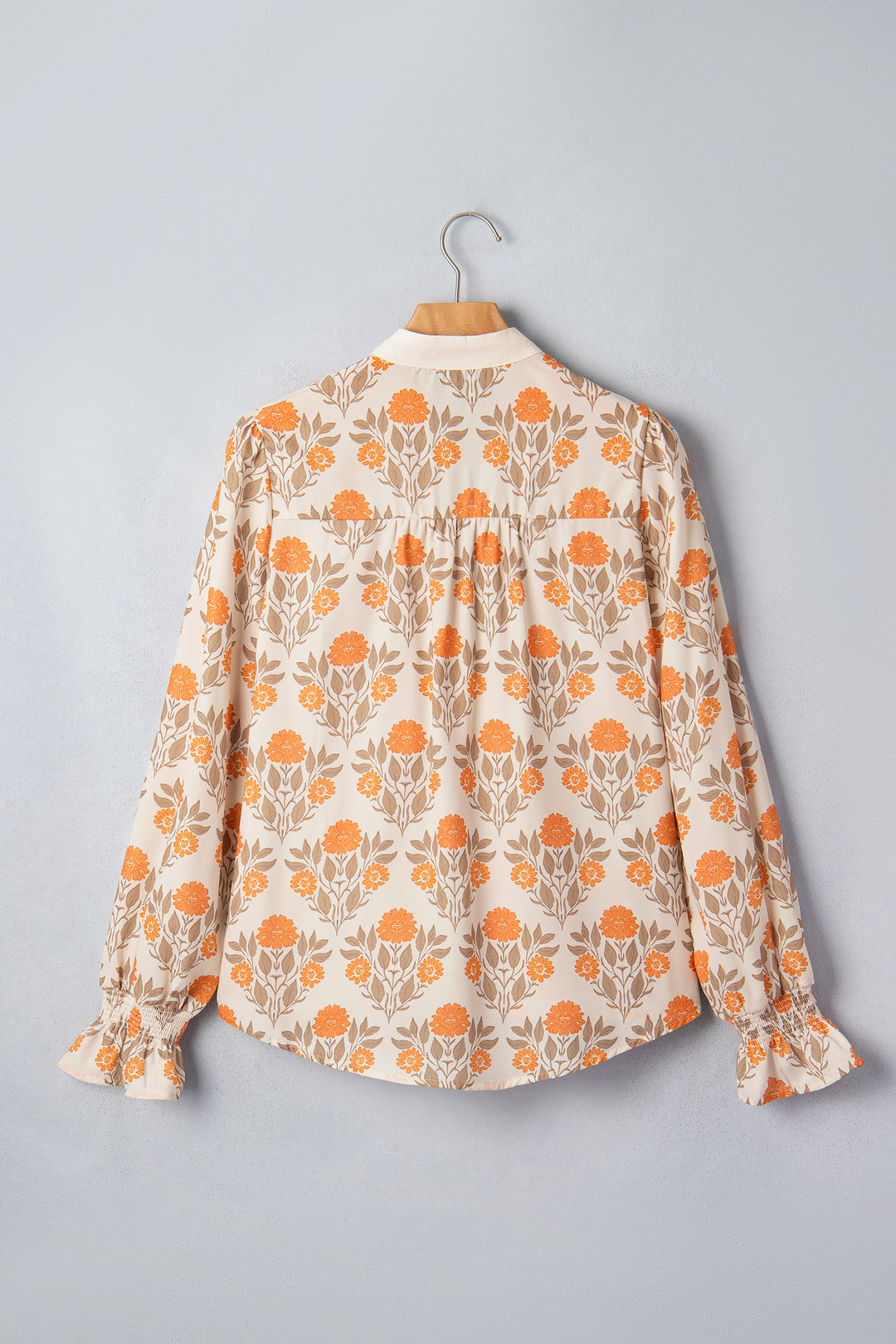 Orange Floral Print Contrast Detail V Neck Long Sleeve Blouse