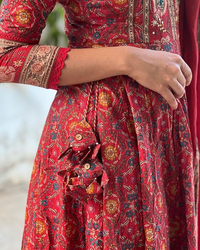 Red Printed Anarkali Suit Set with Matching Dupatta