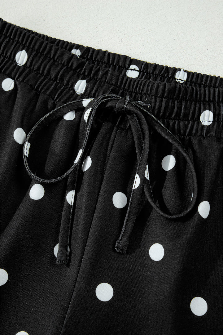 Black Exposed Seam Detail Polka Dot Loose Tee Drawstring Shorts Set