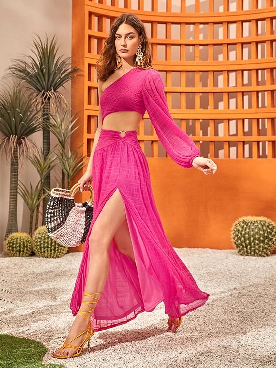 Pink Slit Hollow Out Lace Dress | Women