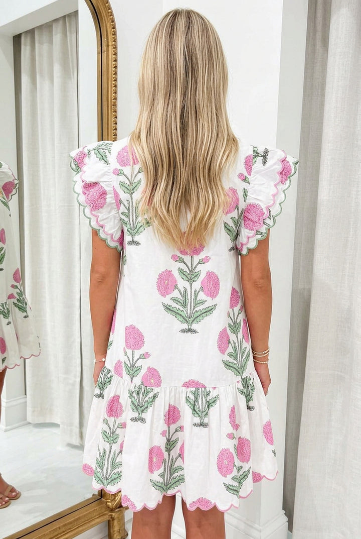White Wild Floral Print Scalloped Embroidery Trim V Neck Drop Waist Mini Dress